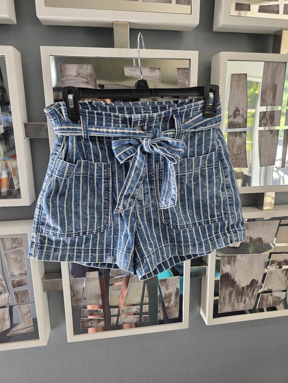 American Eagle Outfitters Blue & White Striped High-Waist Tie-Front Shorts